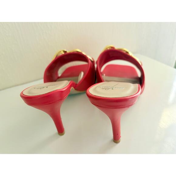 Bisou Bisou Michele Bohbot Red Mules Heels Gold Chain Slide Sandals Size 10 - Picture 4 of 7